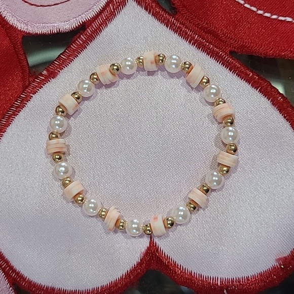 Valentines Day Bracelet Set Pink Gold Pearls Clay Heishi Bracelet Heart Handmade - Picture 4 of 6